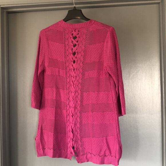 Pink Southern Lady Open Cardigan Sweater Lace Up Back 3/4 Sleeves size Small - Picture 2 of 5